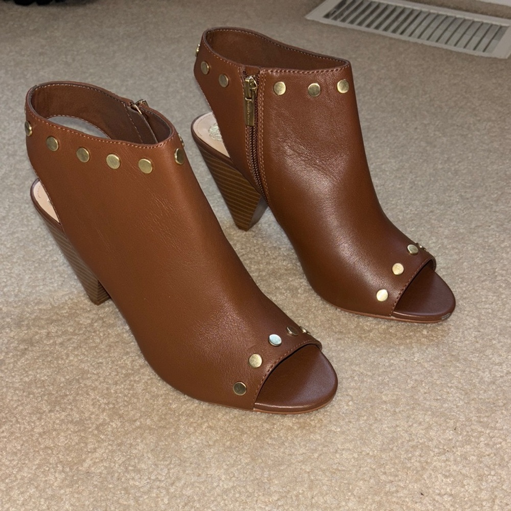Vince Camuto Edia Whiskey Brown Gold Studded Booties Peep Toe Boots